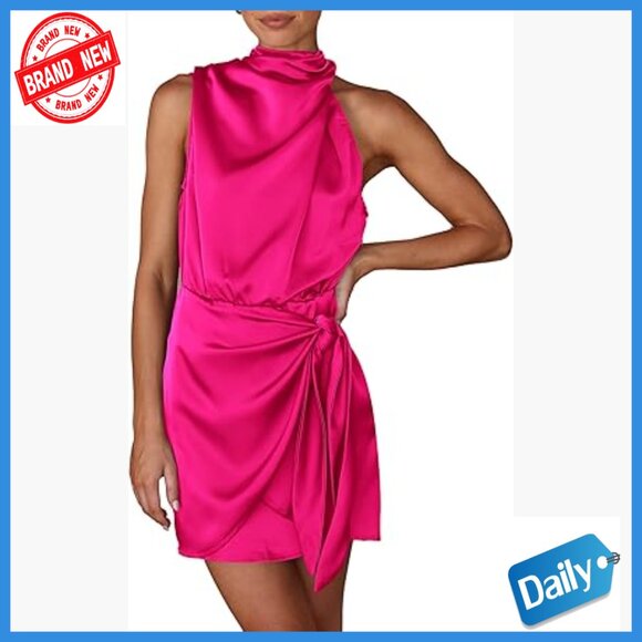 Dresses & Skirts - Satin Mini Dress Sleeveless Mock Neck Tie Waist Formal Cocktail Party